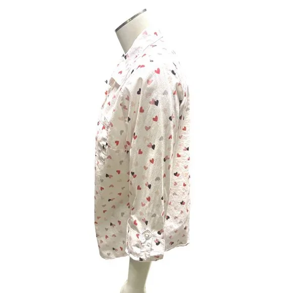 Christopher & Banks Petite Medium White Button Up Shirt Pink Red Heart Print Top - Picture 5 of 10